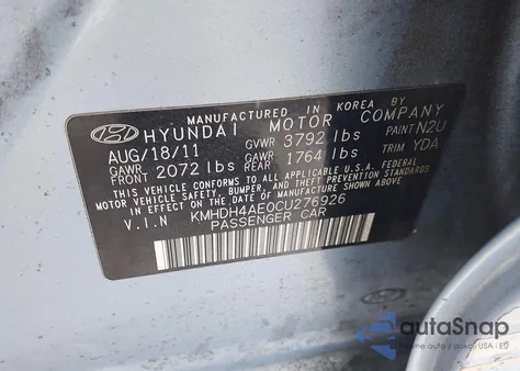 2012 Hyundai Elantra Gls (Ulsan Plant) z USA, uszkodzony, nr VIN KMHDH4AE0CU276926